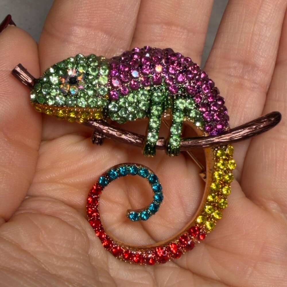 Chameleon Brooch Crystal Rhinestone Animal Pin – 2.5” Wide